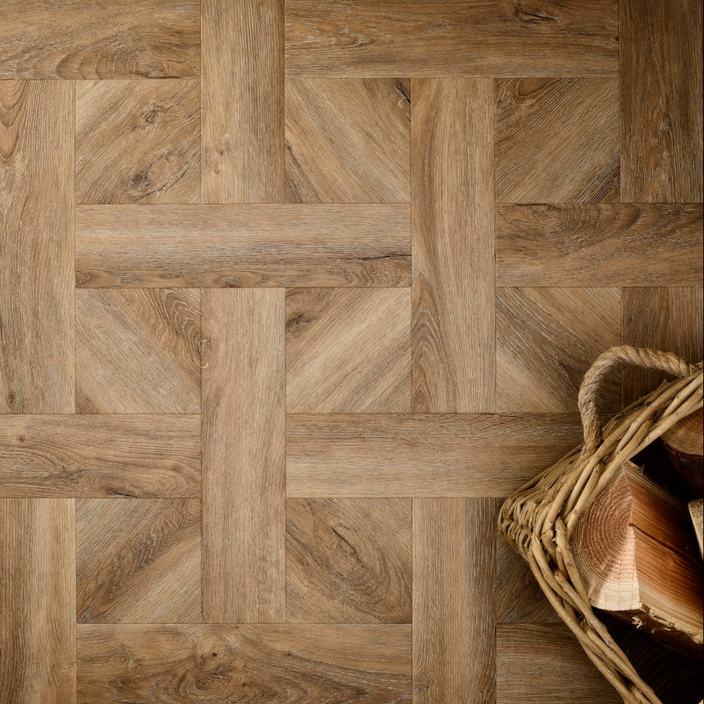 Textures Basket Weave LVT flooring in Distressed Oak