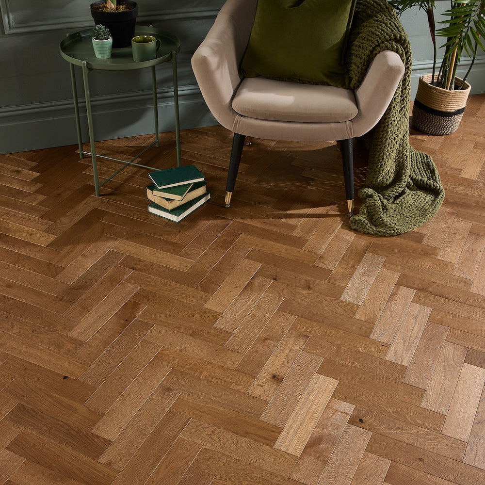 Herringbone Engineered Oak Flooring Chesil Smoked Brushed 70mm x 18mm - (SAMPLE)