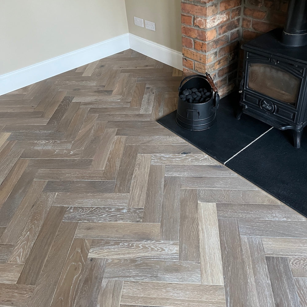 Herringbone Engineered Oak Flooring Dunwick Smoked Grey 90mm x 15mm