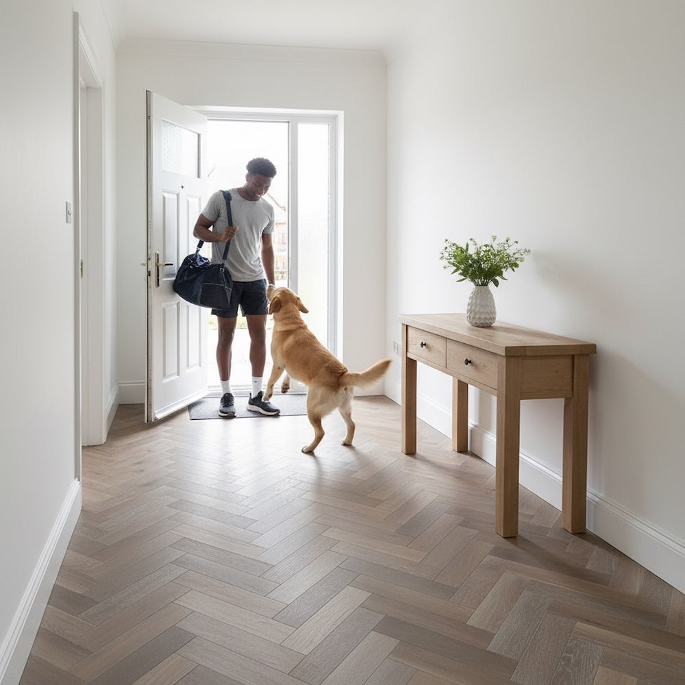 Herringbone Engineered Oak Flooring Dunwick Smoked Grey 90mm x 15mm