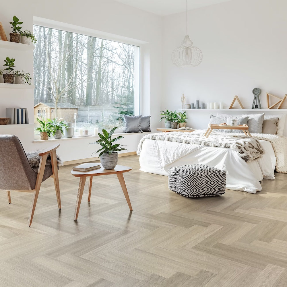 Bari Snowcap Poplar Herringbone Glue Down LVT Vinyl Flooring - (SAMPLE)
