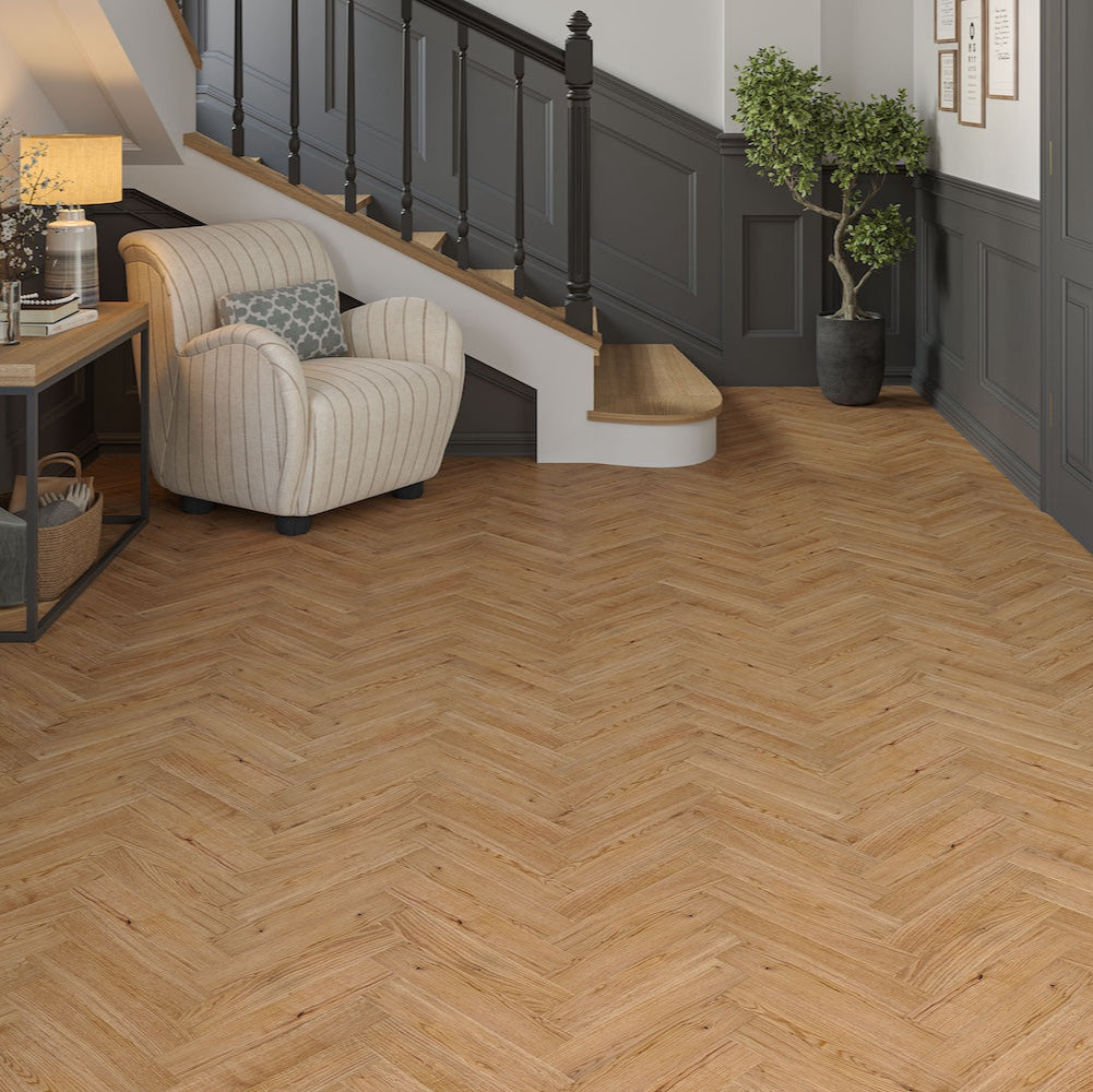 Lusso Genoa Natural Brushed and Lacquered Rustic Herringbone Solid Oak Flooring