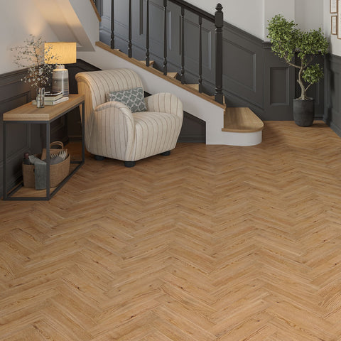 Lusso Genoa Natural Brushed and Lacquered Rustic Herringbone Solid Oak Flooring