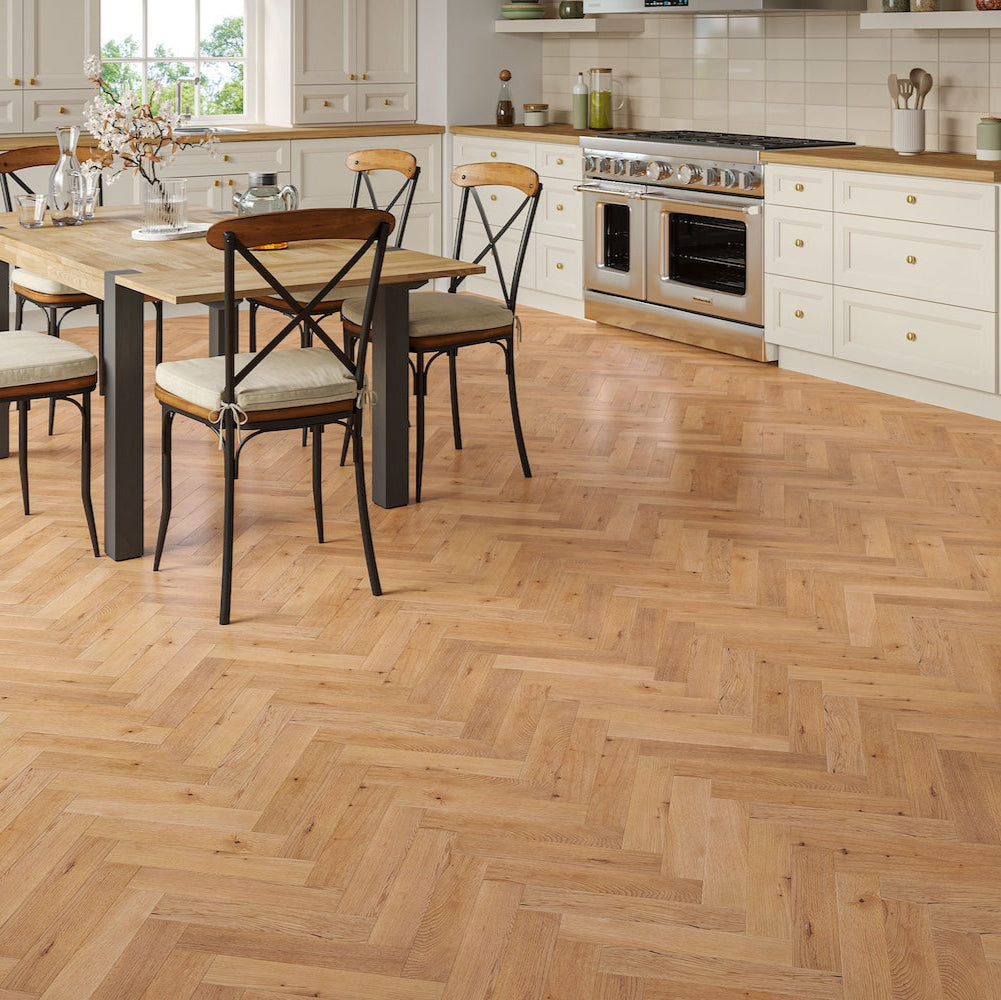 Lusso Genoa Natural Smooth Lacquered Rustic Herringbone Solid Oak Flooring