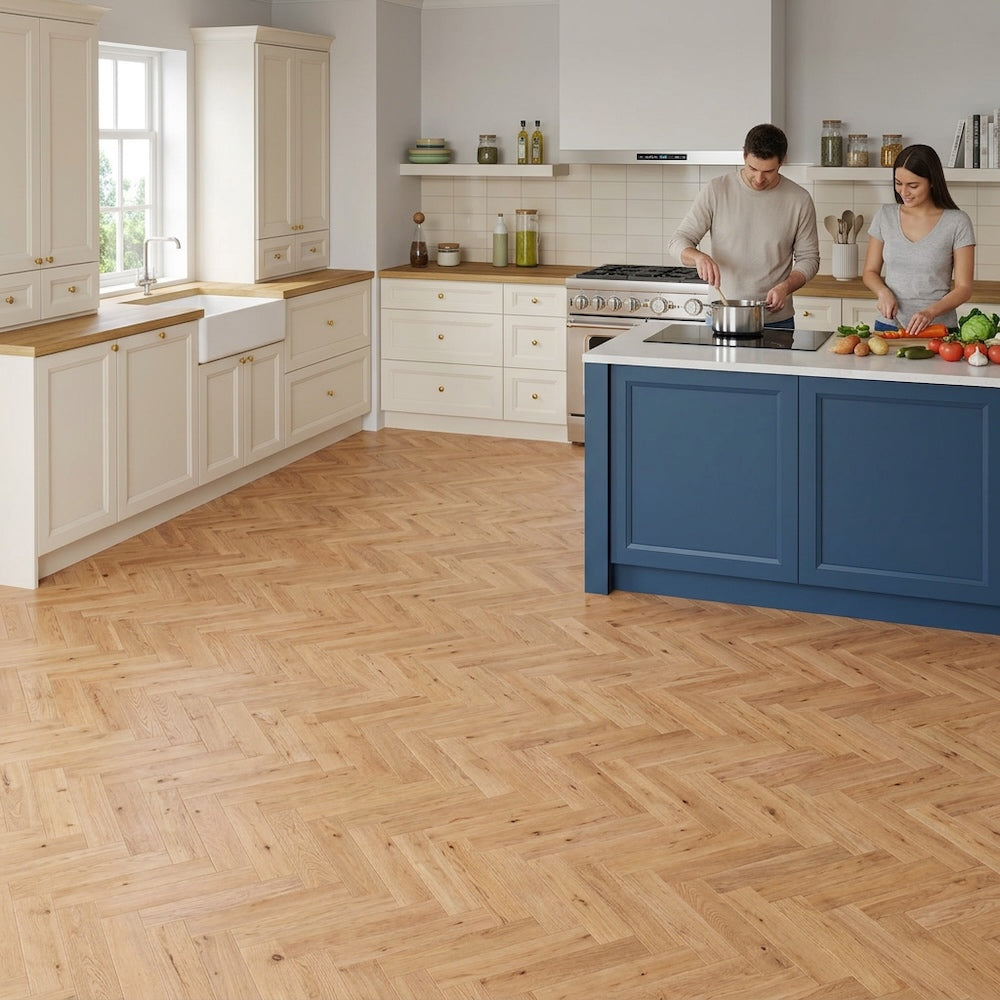 Lusso Flooring Genoa Natural Smooth Lacquered Rustic Herringbone Solid Oak