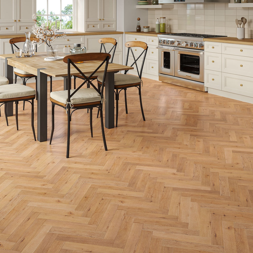 Genoa Natural Smooth Lacquered Rustic Herringbone Solid Oak Flooring - (SAMPLE)
