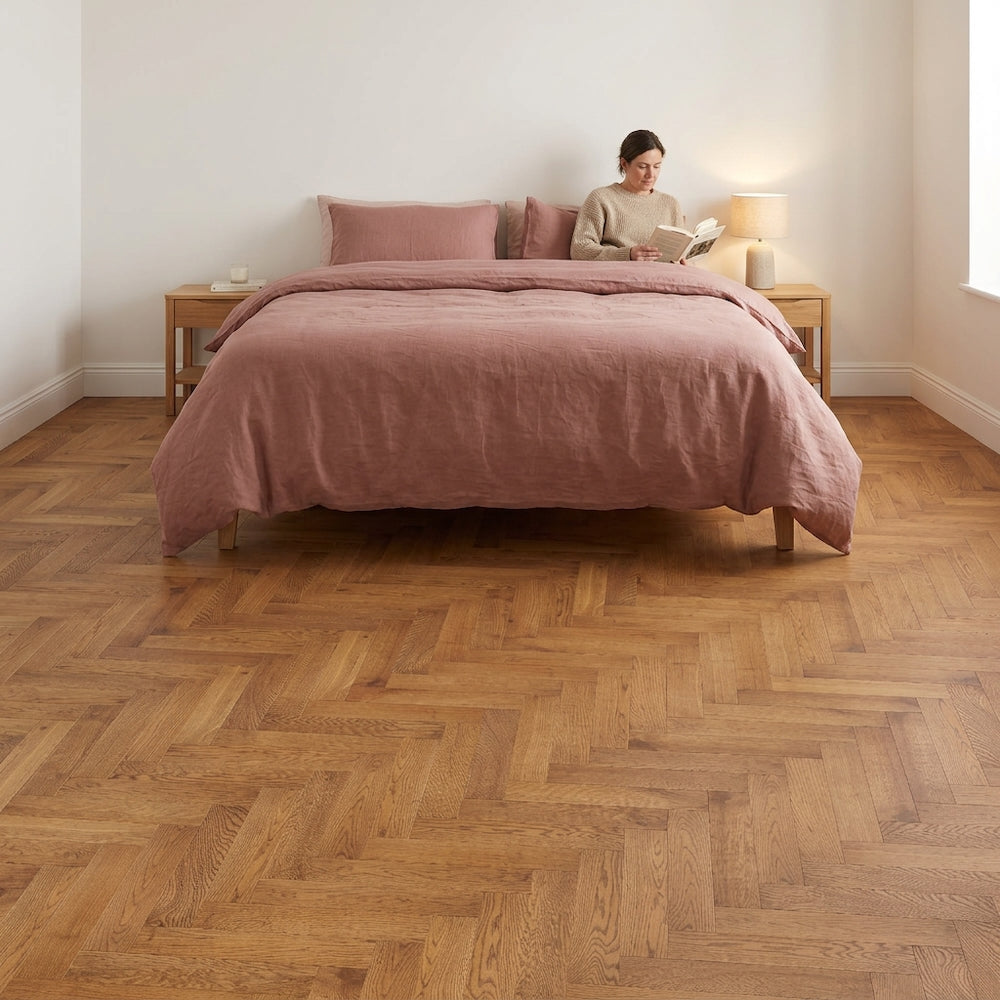Lusso Flooring Genoa Smoked Golden Brushed and Oiled Rustic Herringbone Solid Oak