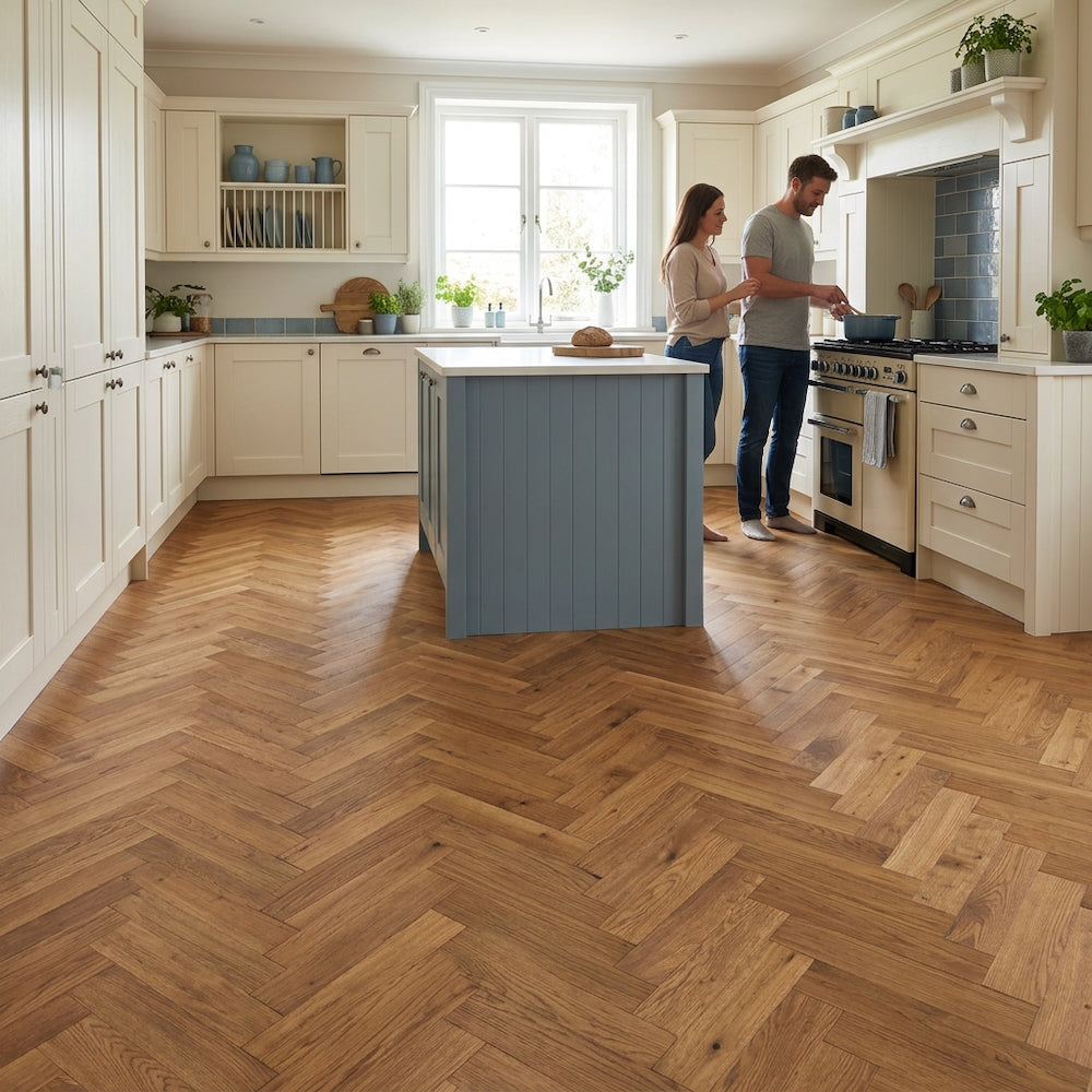 Lusso Flooring Genoa Smoked Golden Brushed and Oiled Rustic Herringbone Solid Oak