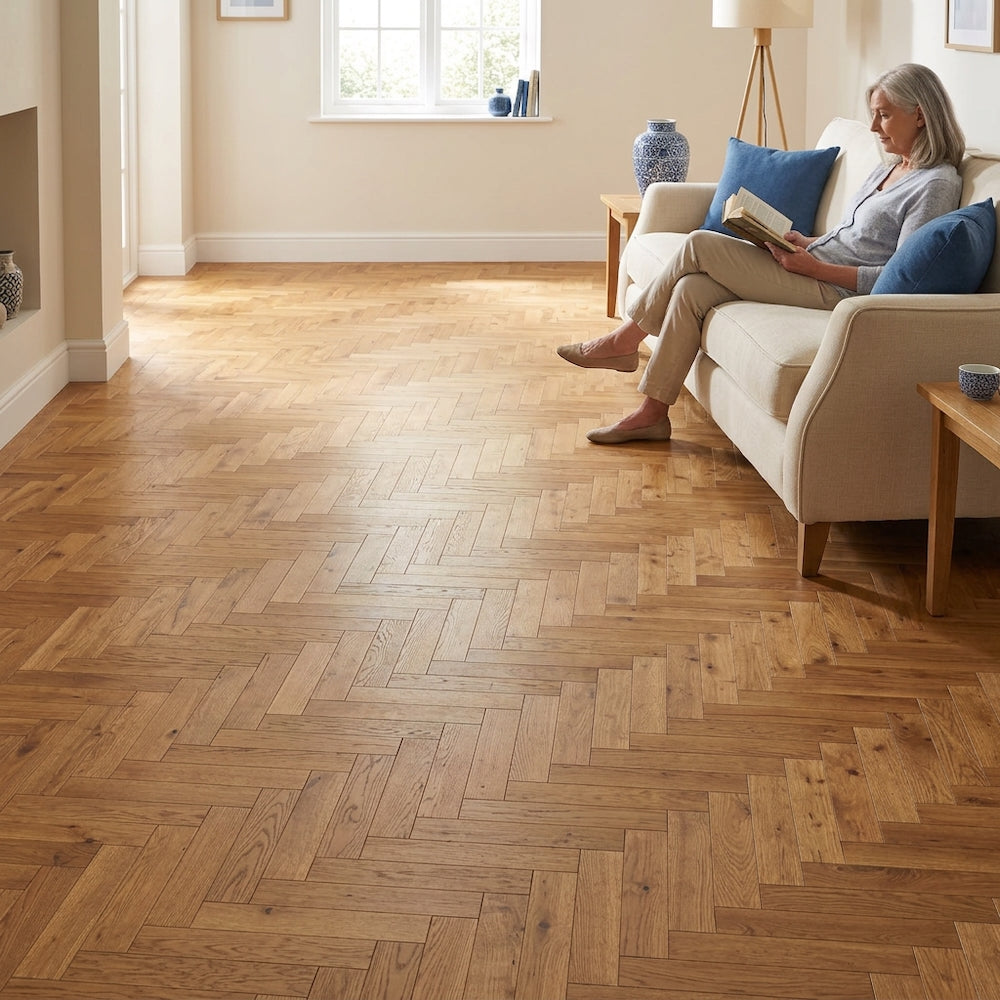 Lusso Flooring Genoa Smoked Golden Brushed and Oiled Rustic Herringbone Solid Oak
