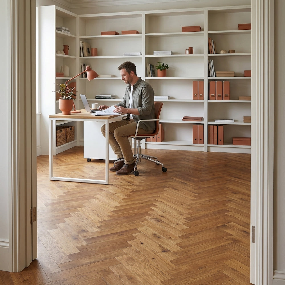 Lusso Flooring Genoa Smoked Golden Brushed and Oiled Rustic Herringbone Solid Oak