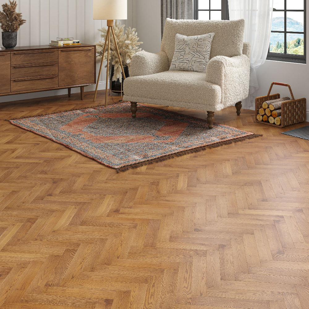 Genoa Smoked Golden Brushed and Oiled Rustic Herringbone Solid Oak Flooring - (SAMPLE)