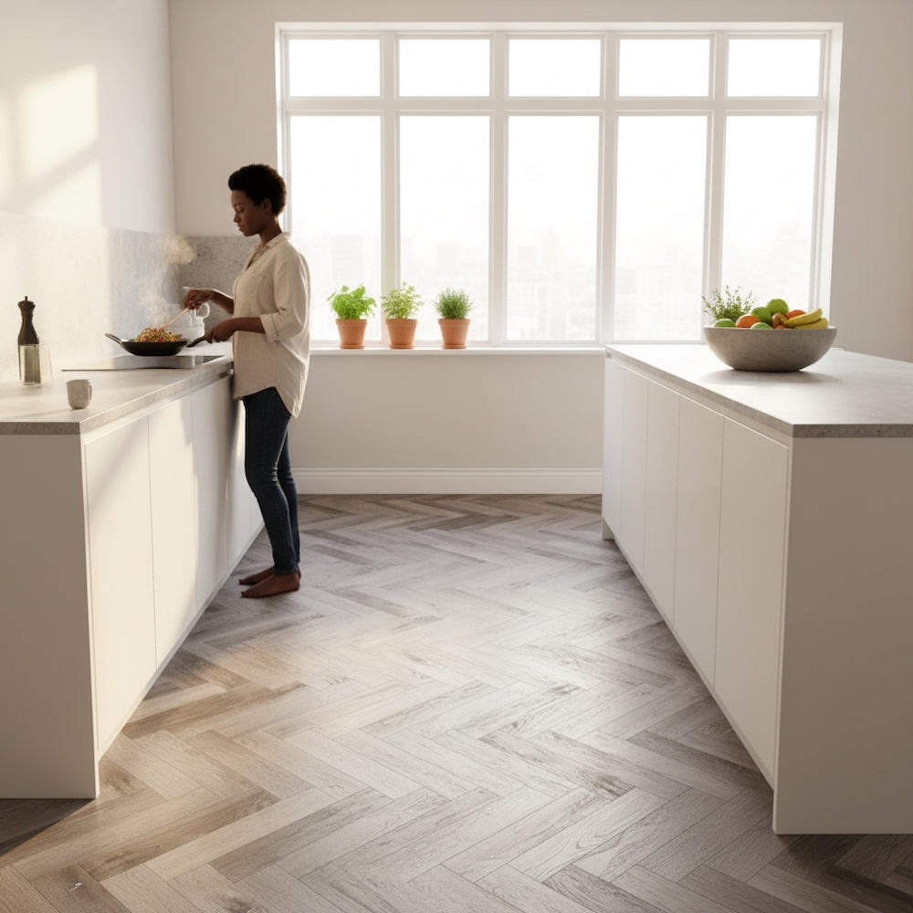 Lusso Flooring Portofino Herringbone Weathered Ash Glue Down LVT Vinyl