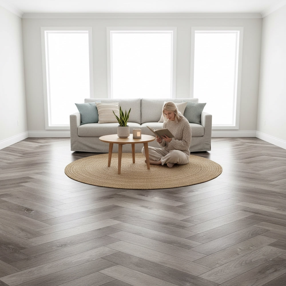 Lusso Flooring Portofino Herringbone Weathered Ash Glue Down LVT Vinyl