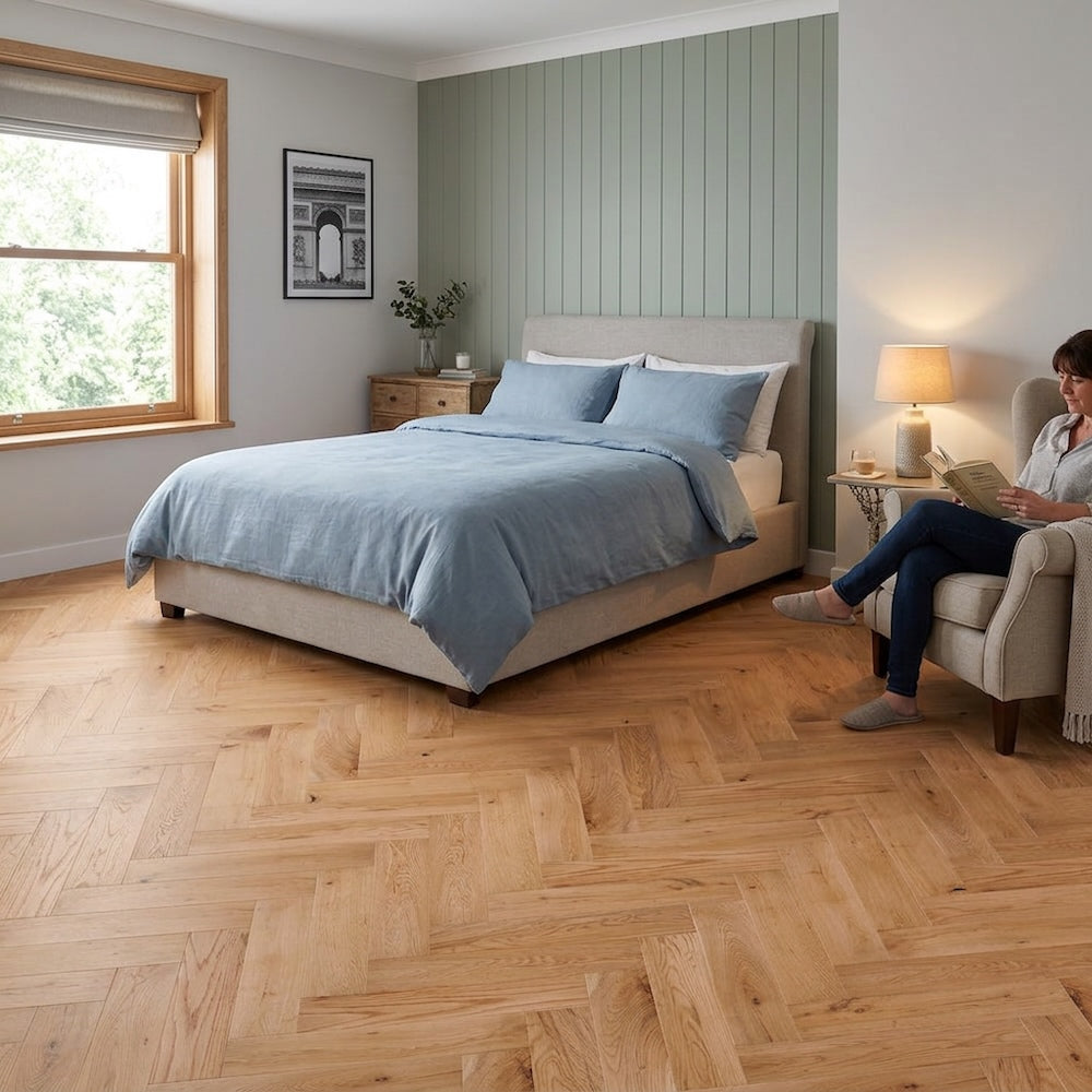 Lusso Flooring Verona Natural Brushed and Lacquered Rustic Herringbone Solid Oak