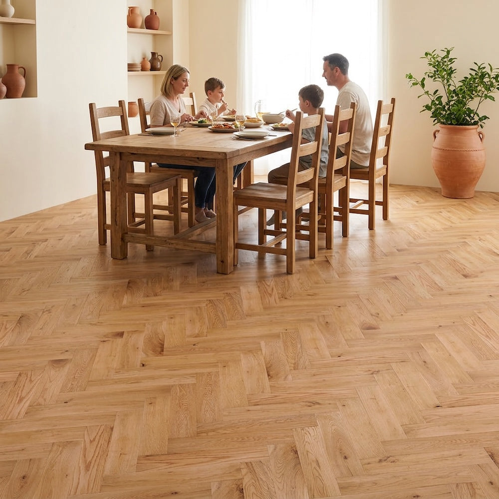 Lusso Flooring Verona Natural Brushed and Lacquered Rustic Herringbone Solid Oak
