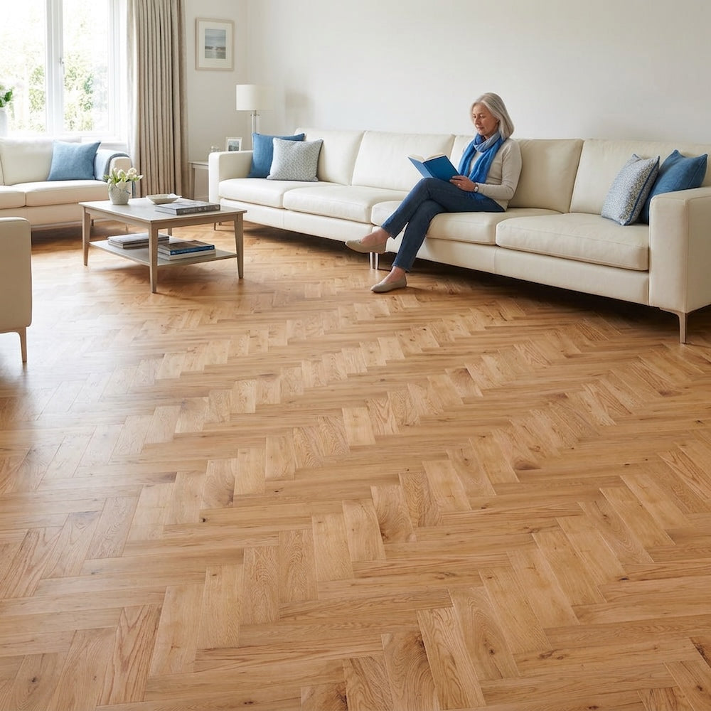 Lusso Flooring Verona Natural Brushed and Lacquered Rustic Herringbone Solid Oak