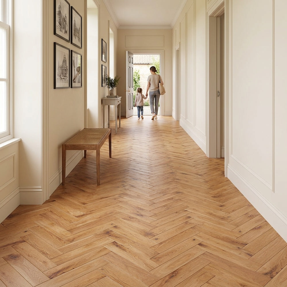 Lusso Flooring Verona Natural Smooth Lacquered Rustic Herringbone Solid Oak