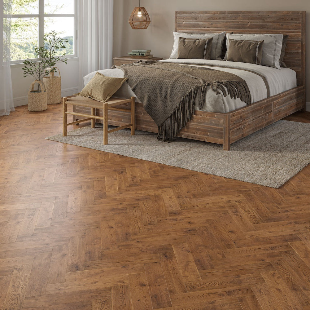 Lusso Verona Smoked Golden Smooth Oiled Rustic Herringbone Solid Oak Flooring