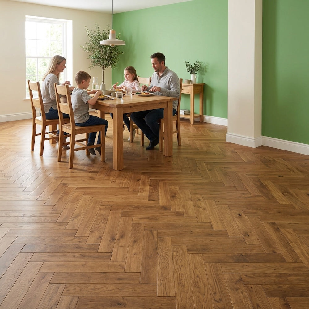 Lusso Flooring Verona Smoked Golden Smooth Oiled Rustic Herringbone Solid Oak