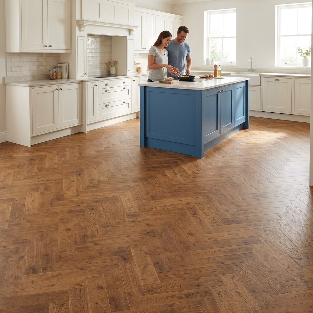 Lusso Flooring Verona Smoked Golden Smooth Oiled Rustic Herringbone Solid Oak
