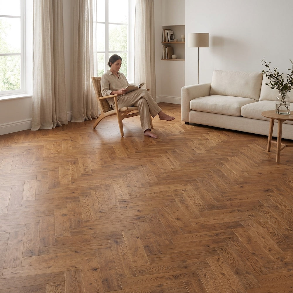 Lusso Flooring Verona Smoked Golden Smooth Oiled Rustic Herringbone Solid Oak