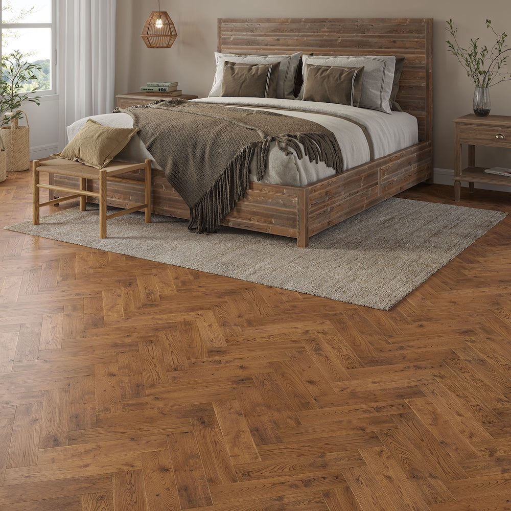 Lusso Verona Smoked Golden Smooth Oiled Rustic Herringbone Solid Oak Flooring - (SAMPLE)