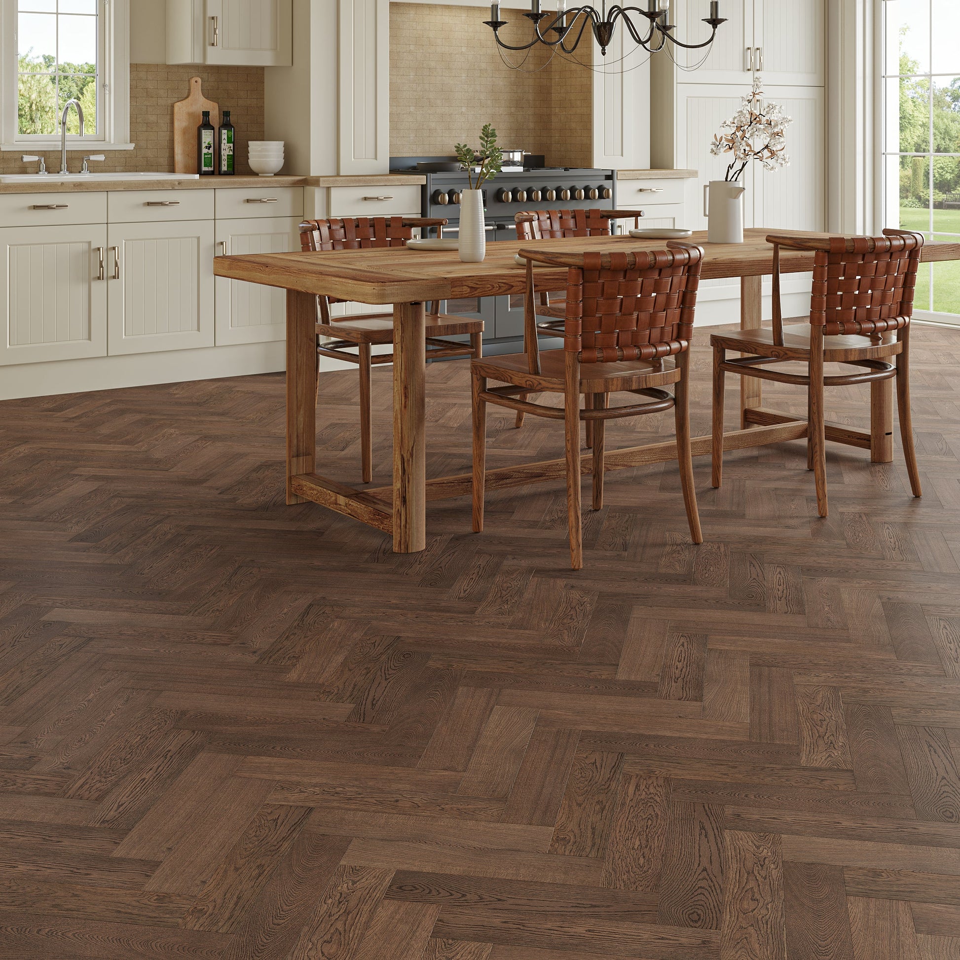 Wooden dining table with chairs in a kitchen setting