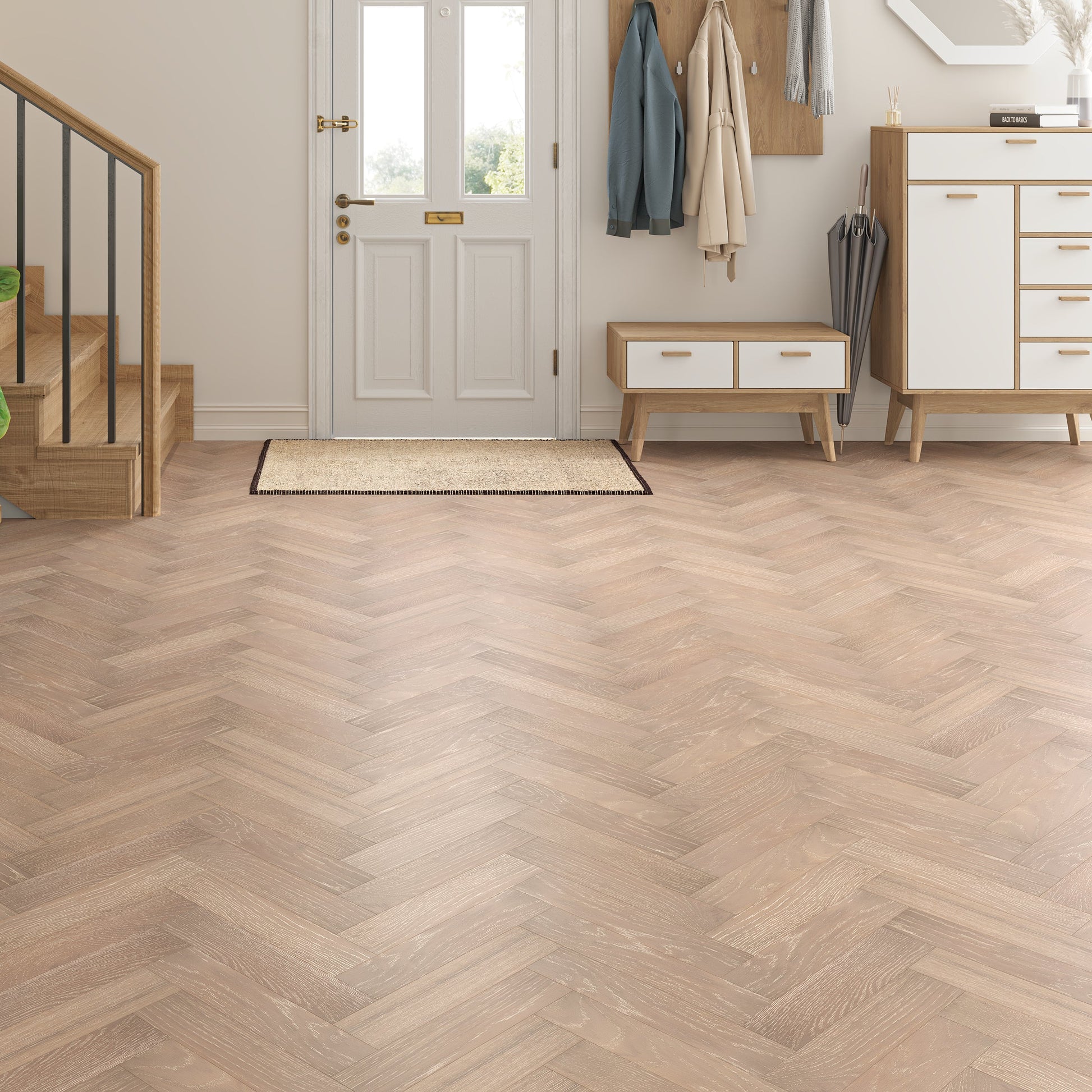 Wooden floor with a chair, plant, and door in a room setting
