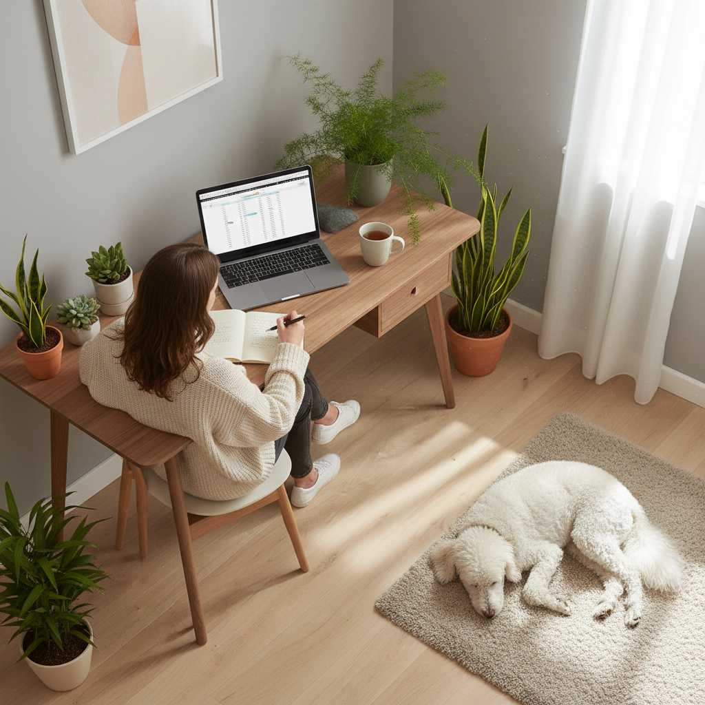 Home office with person and dog