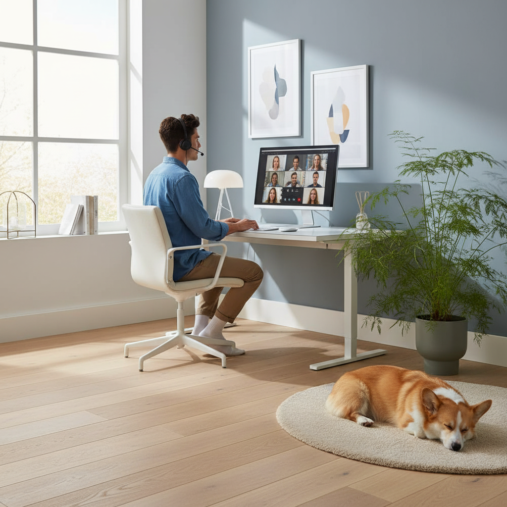 Home office with person and dog