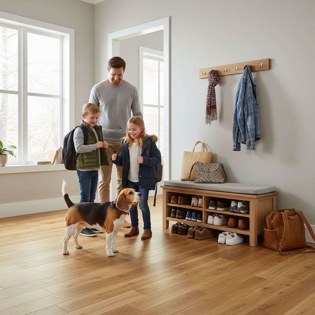 Entryway with family and dog
