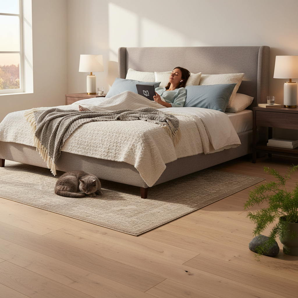 Bedroom with person and cat