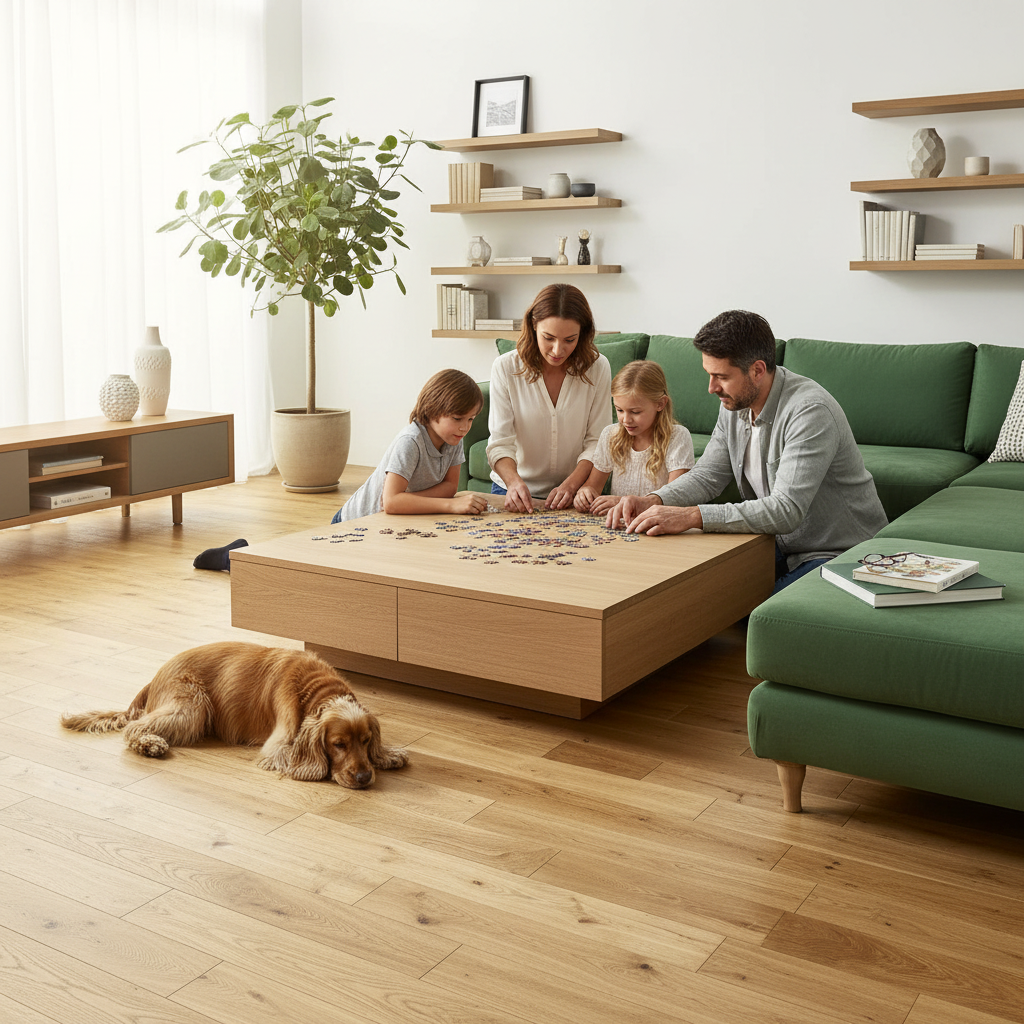 Living room with family and dog