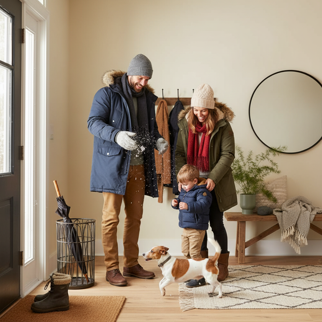 Entryway with family and dog