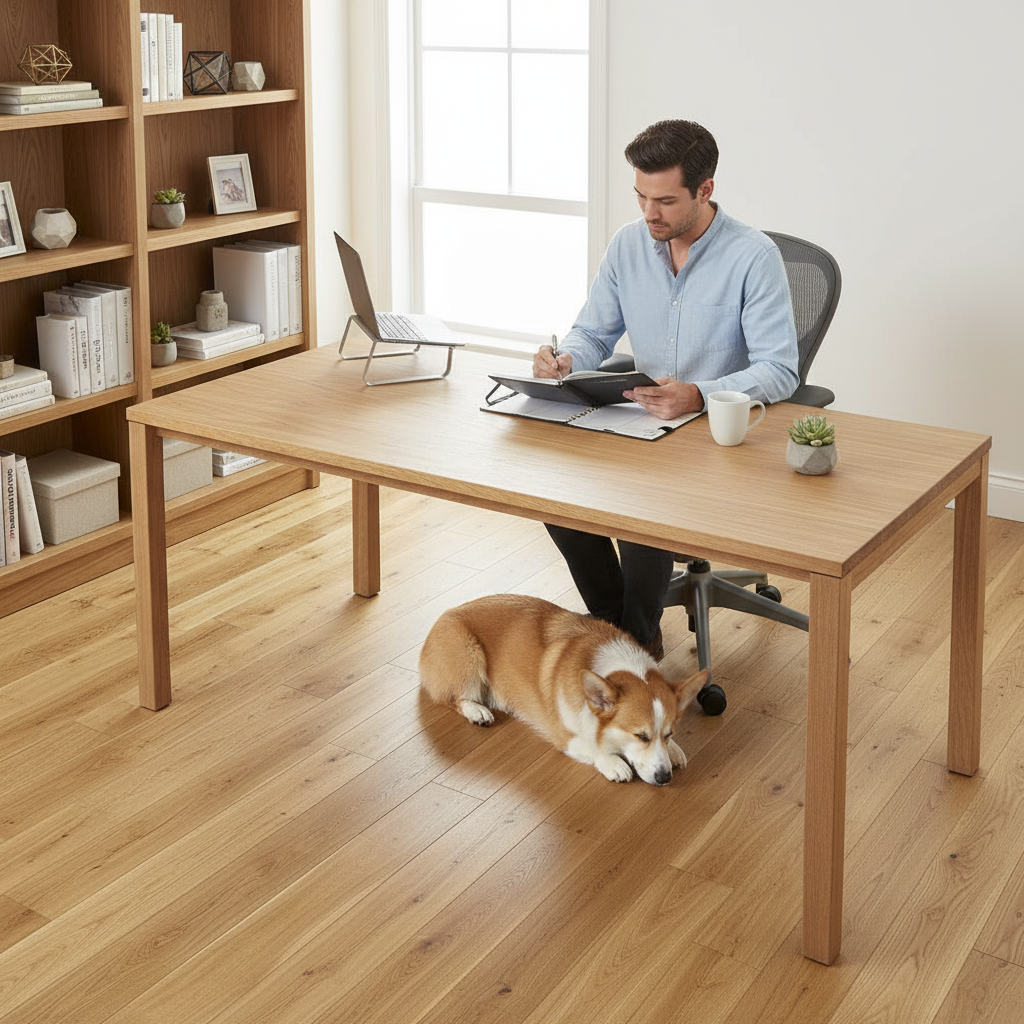 Home office with person and dog