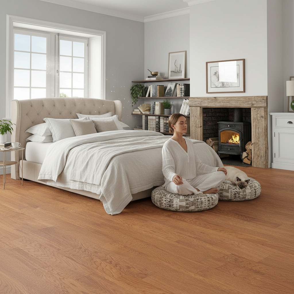 Bedroom with person and cat