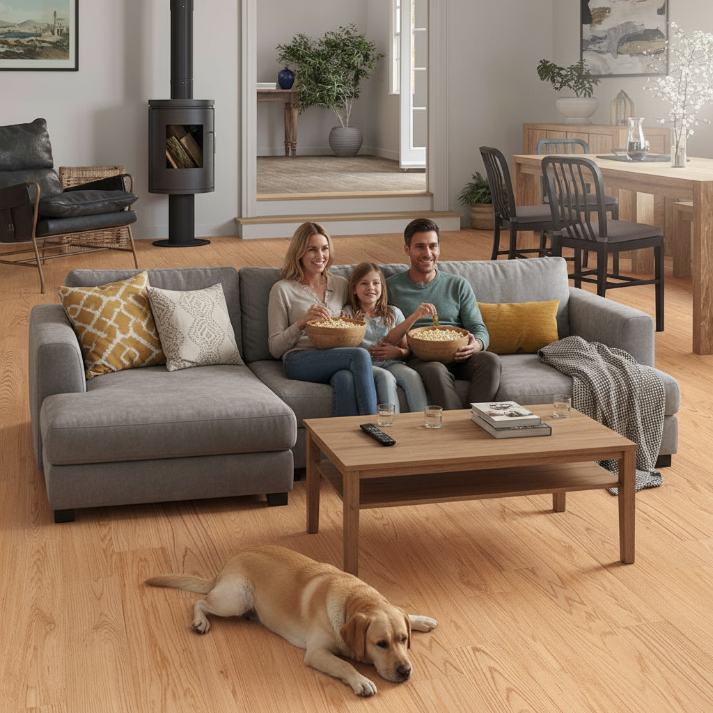 Living room with family and dog