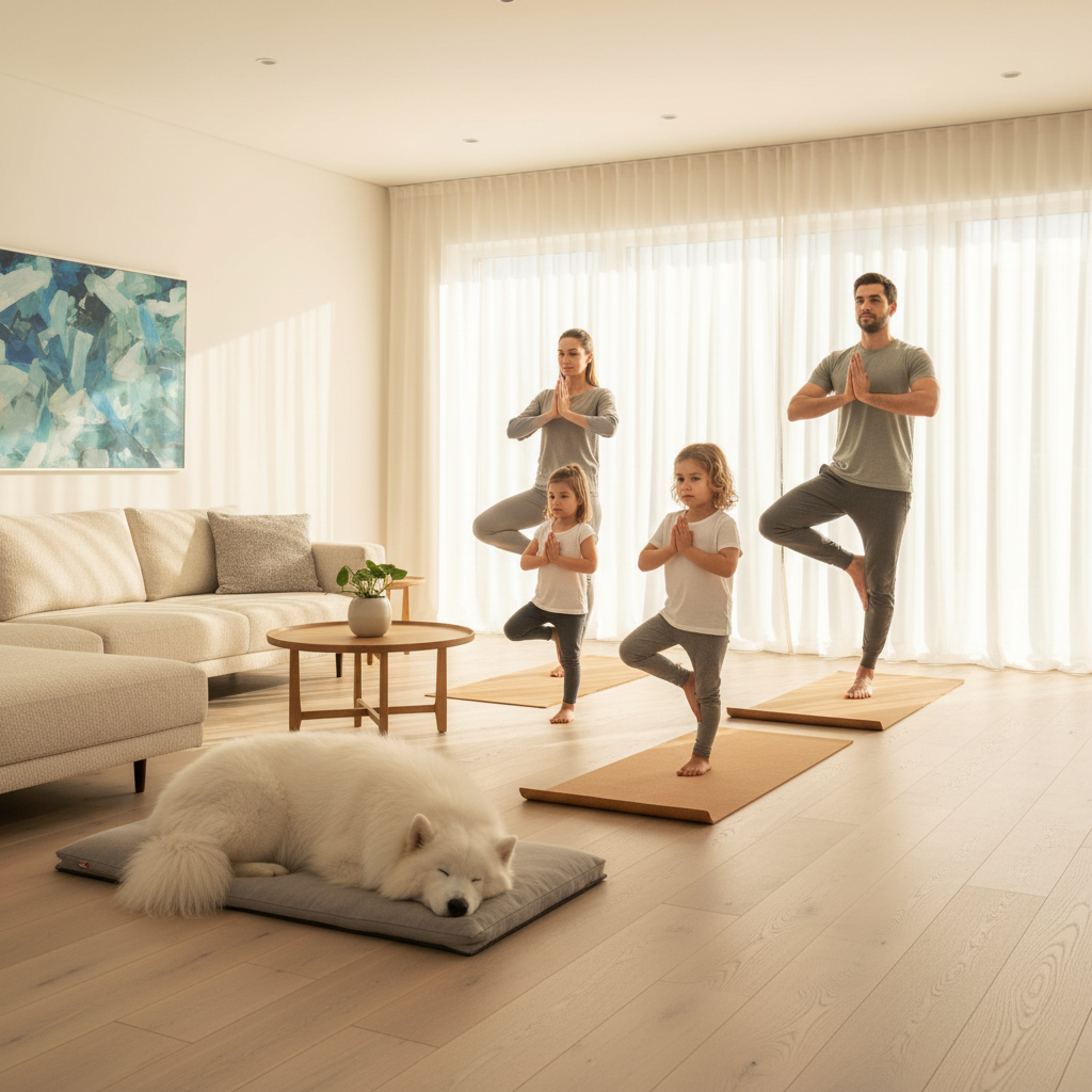 Living room with family and dog