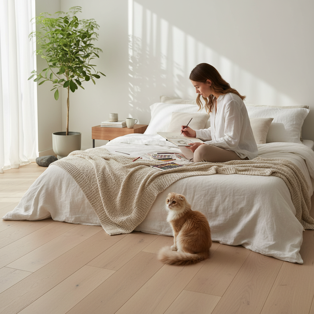 Bedroom with person and cat