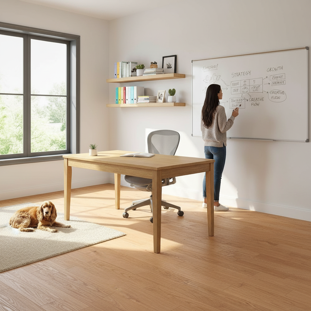 Home office with person and dog