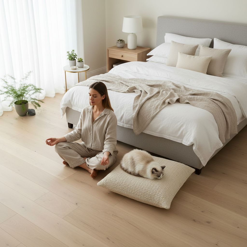 Bedroom with person and cat
