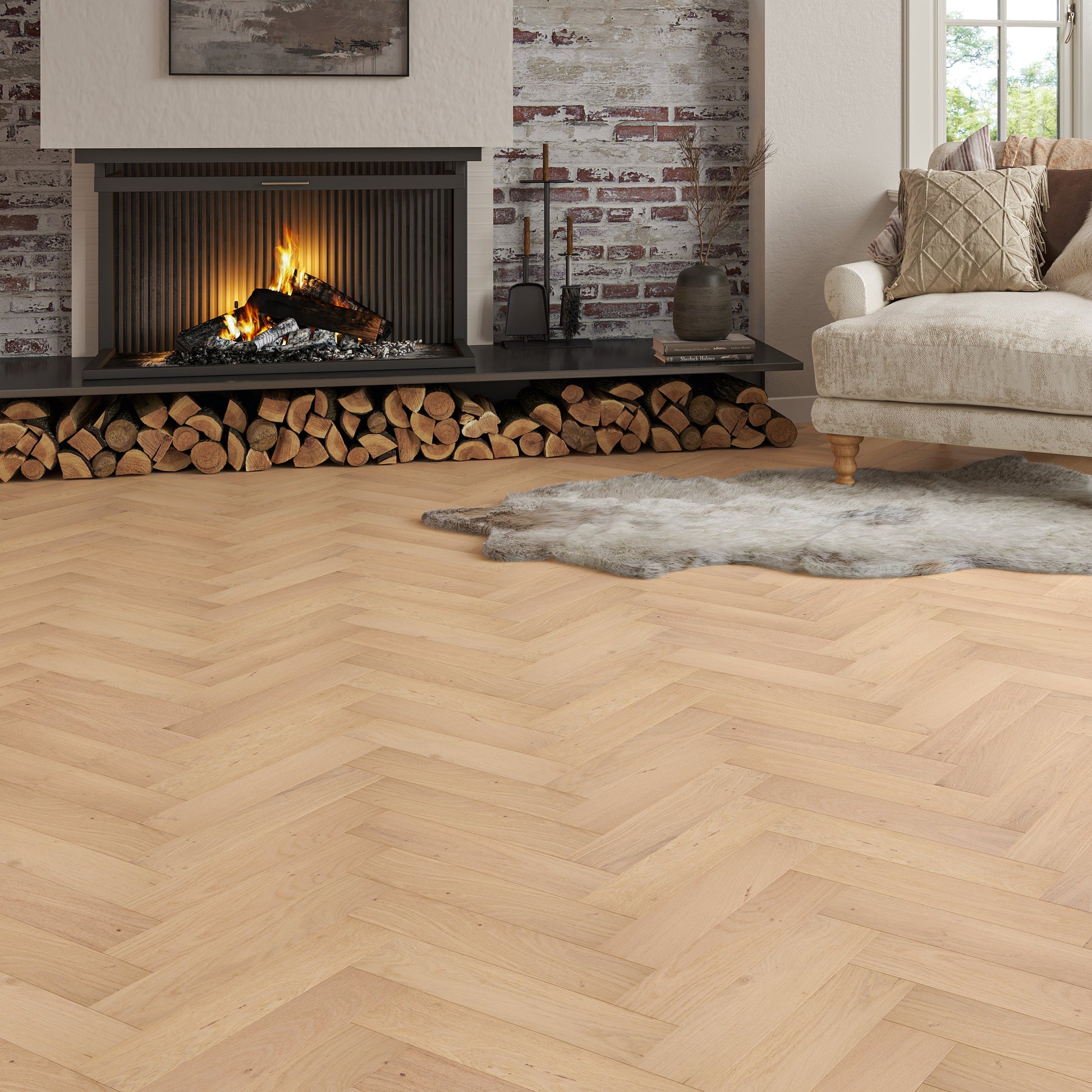 Living room with wooden floor, fireplace, and armchair.