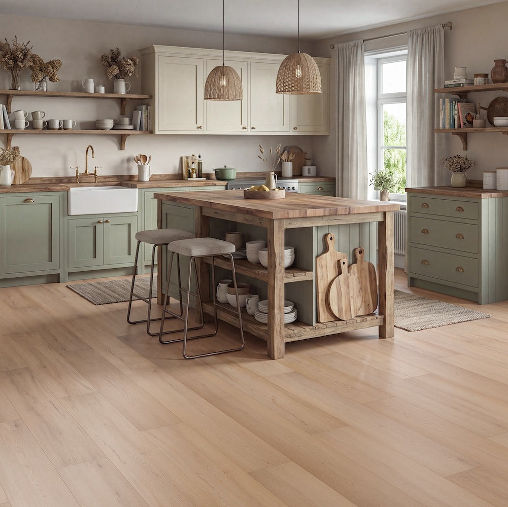 LVT flooring in Ivory Brush — 228.6mm wide, 2.5mm thick