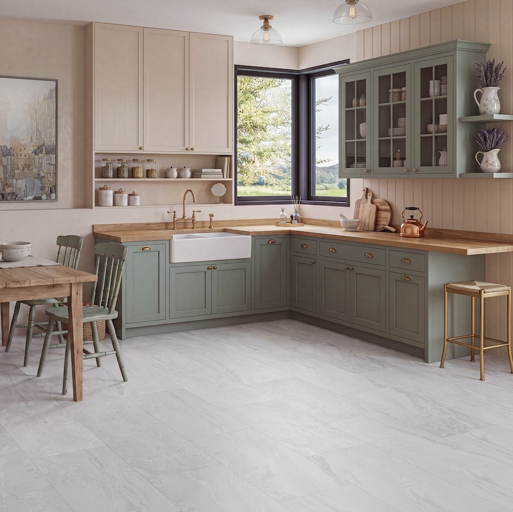 LVT Tile flooring in Calacatta White — 228.6mm wide, 2.5mm thick