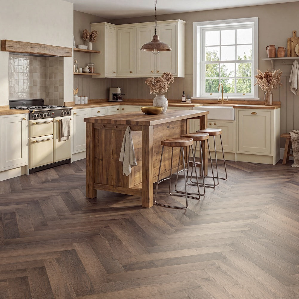 LVT Herringbone flooring in Dark Roast — 76.2mm wide, 2.5mm thick