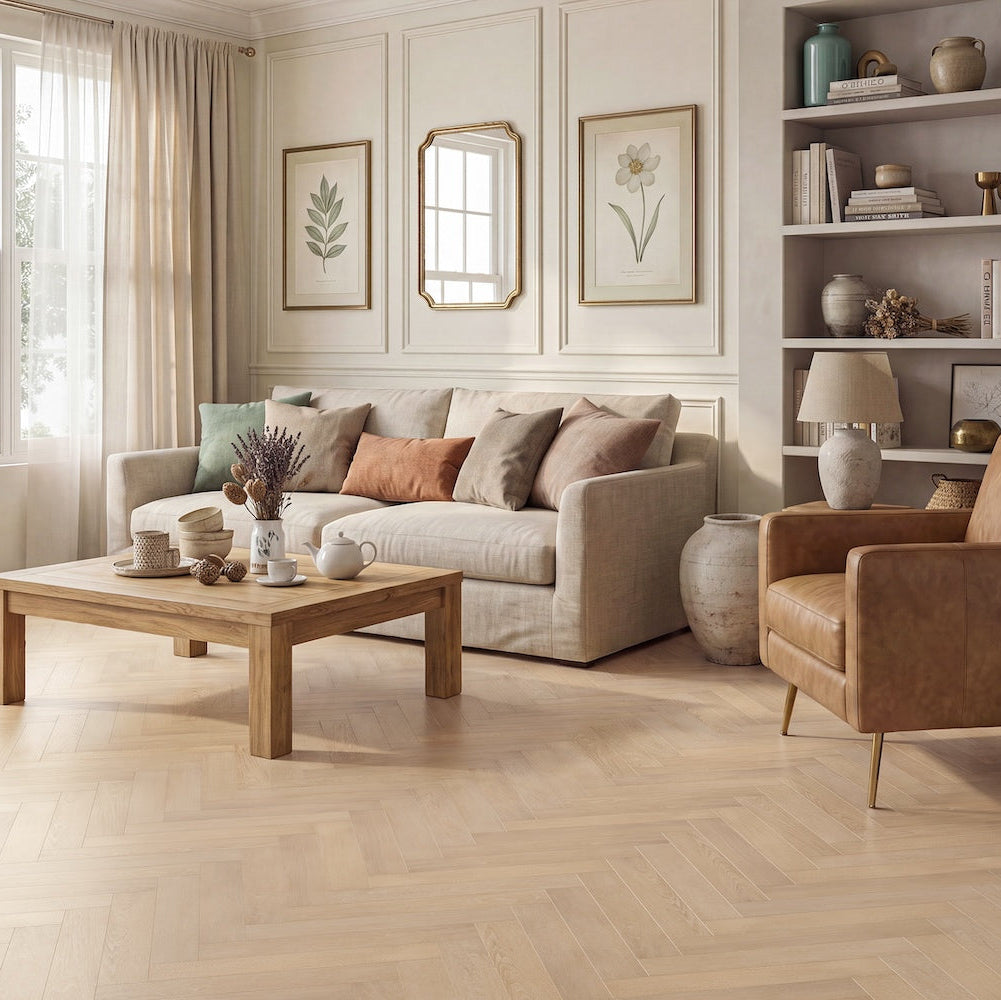 LVT Herringbone flooring in Nordic Frost — 76.2mm wide, 2.5mm thick
