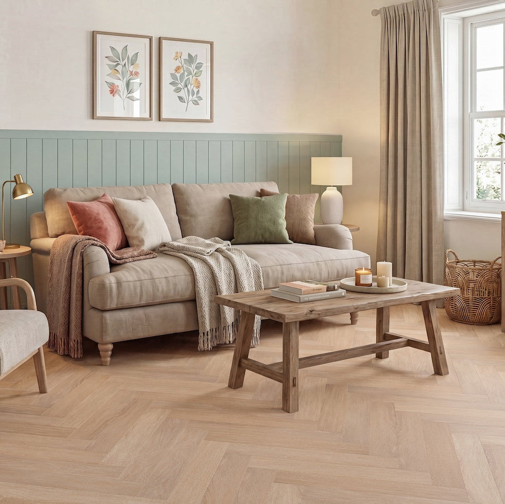 LVT Herringbone flooring in Warm Sand — 76.2mm wide, 2.5mm thick