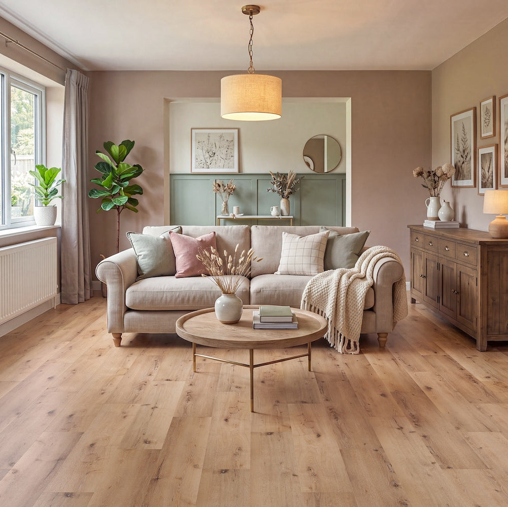 LVT flooring in Burnished Oak — 185mm wide, 2.5mm thick