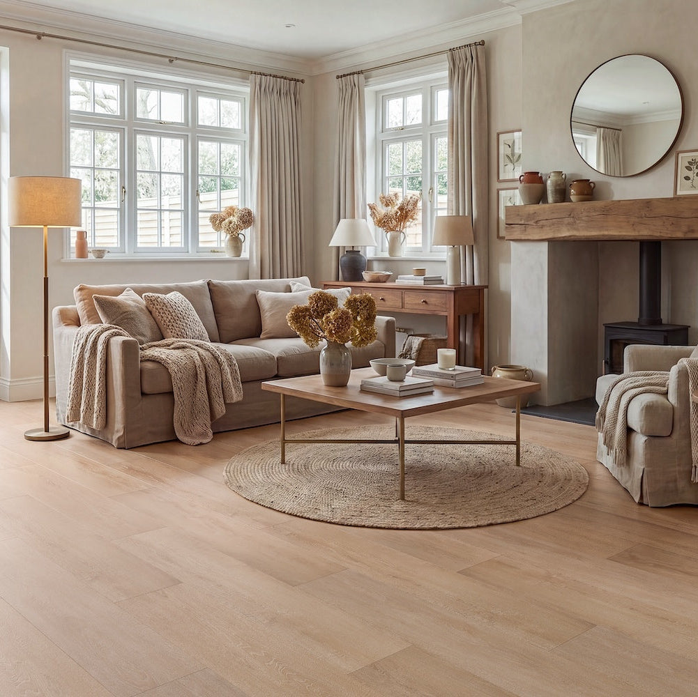 LVT flooring in Warm Sand — 185mm wide, 2.5mm thick