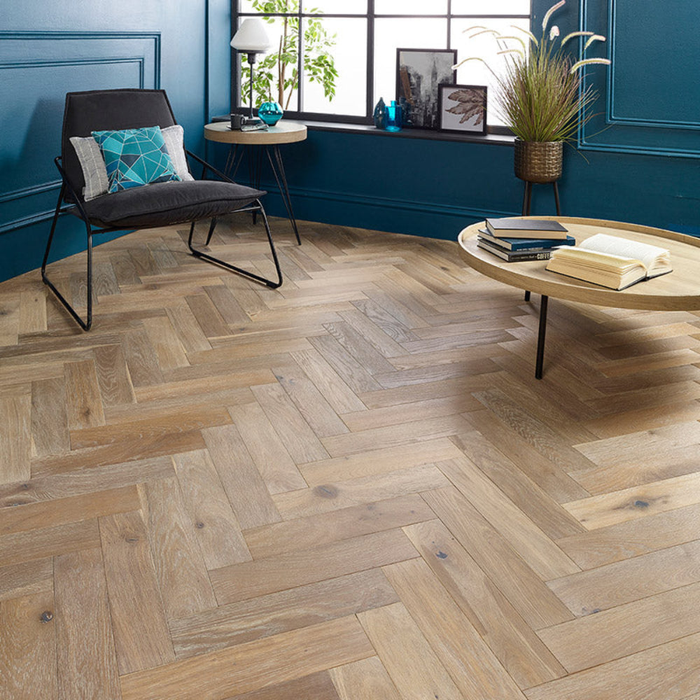 Herringbone Engineered Oak Flooring Dunwick Smoked Grey 90mm x 15mm - (SAMPLE)